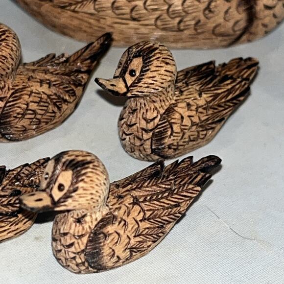 Vintage Duck Family on Log Figurine Gift Mommy & 3 Babies  Miniature Mother and Baby Ducks Family Carved Detailed Signed KC 1988